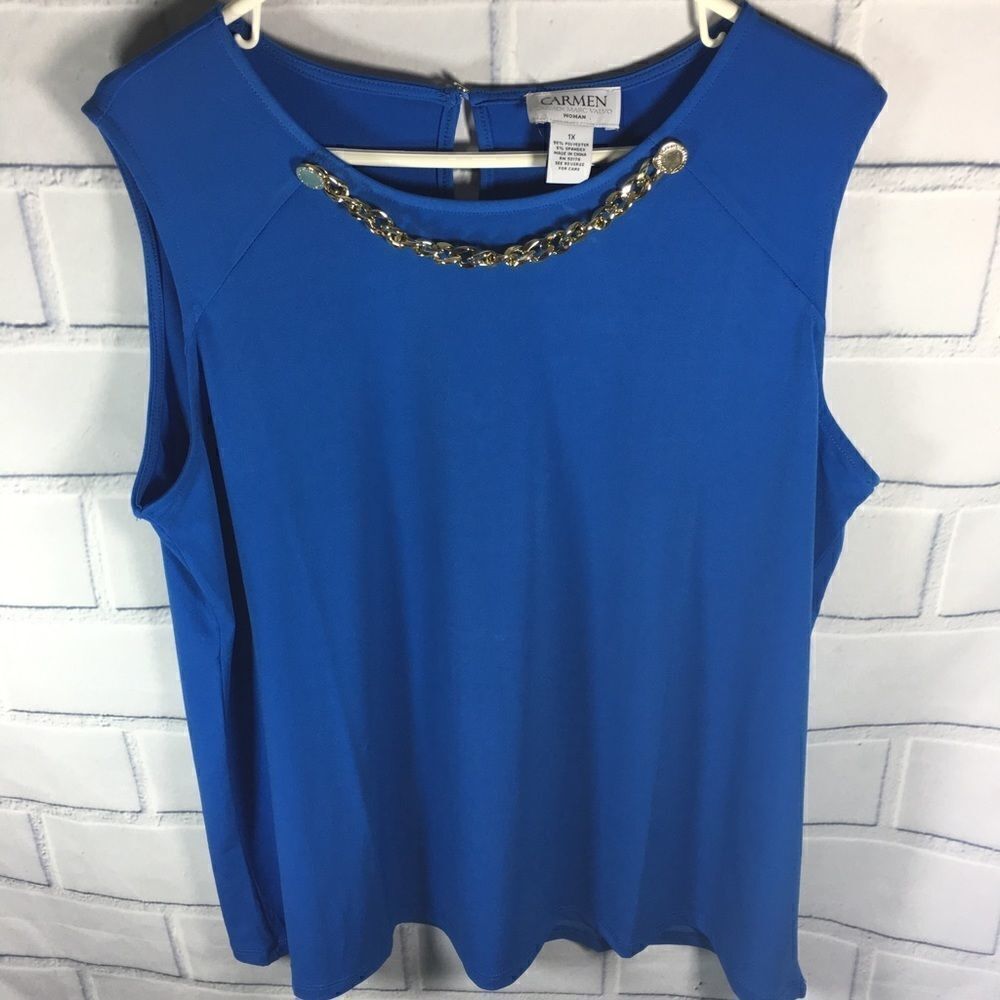 Carmen Marc Valvo Womens Blue Sleeveless Top 1X